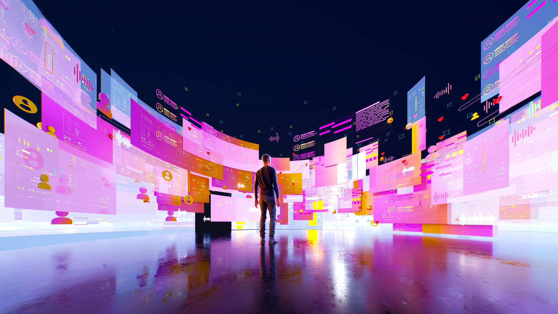 Digital generated image of young man in empy black space with semi reflective floor surrounded by multicoloured semi transparent data screens, ekas, modern methodologies, qualitative, quantitative