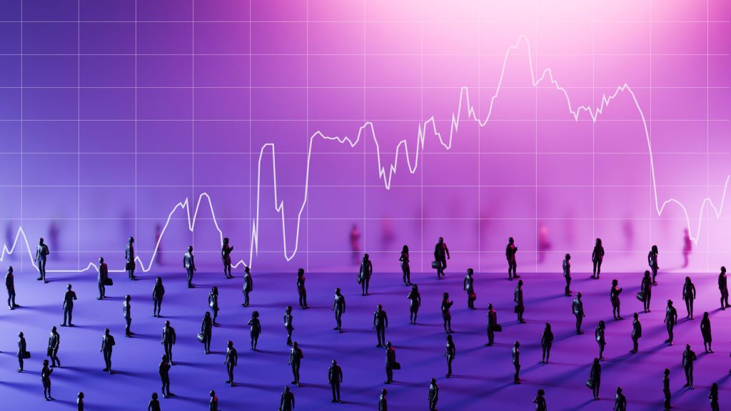 A scattered crowd of monochrome-colored businesspeople stands in front of a translucent glass panel featuring a detailed upward-trending line graph, subtly integrated with a modern grid pattern. ekas. Modern Methodologies. Quantitative Research.