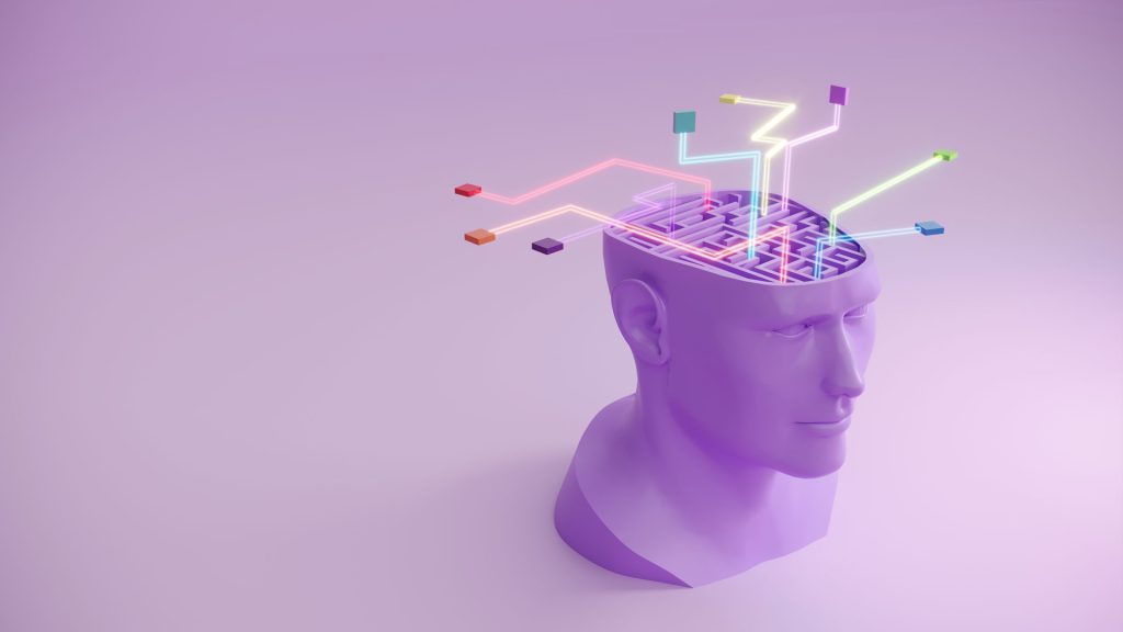 Abstract maze in the human head with glowing connection lines, ekas, modern methodologies, qualitative research