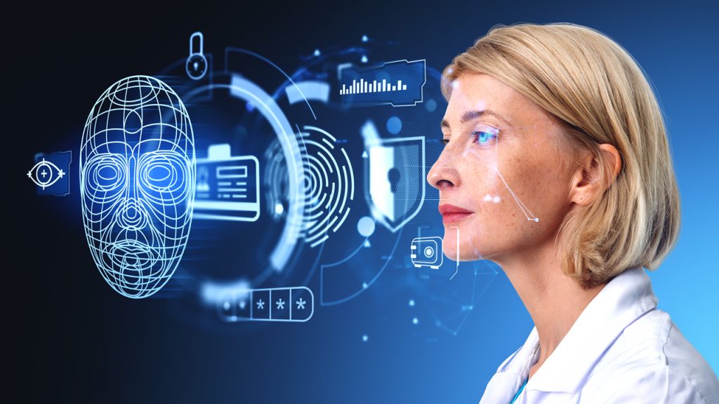 Young woman and biometric scanning, digital hologram and encrypted data, ekas, fraud prevention