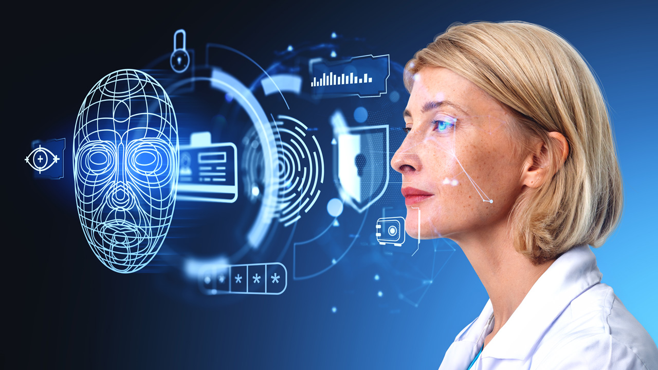 Young woman and biometric scanning, digital hologram and encrypted data, ekas, fraud prevention