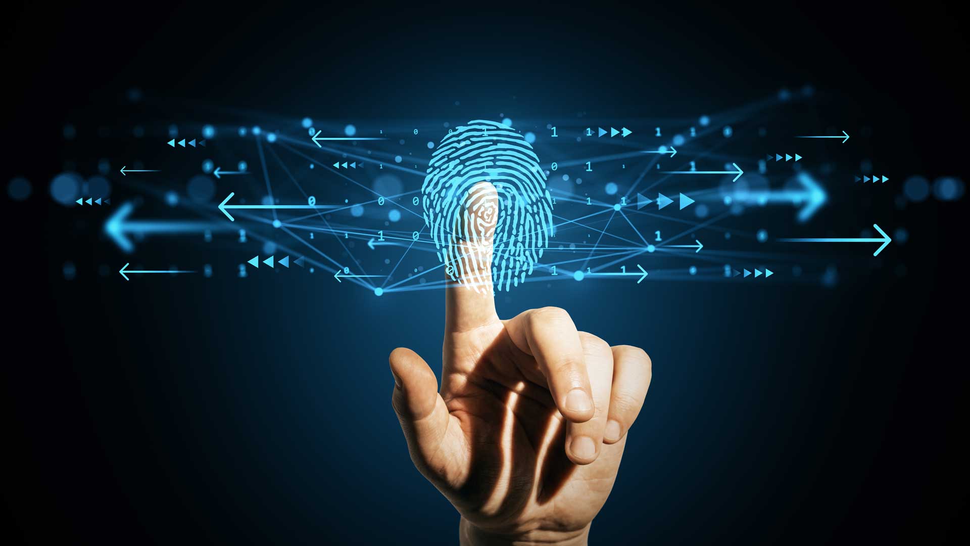 Digital fingerprint scan with glowing network connections on dark background showing futuristic security touch concept interaction tech vision, ekas, digital fingerprinting